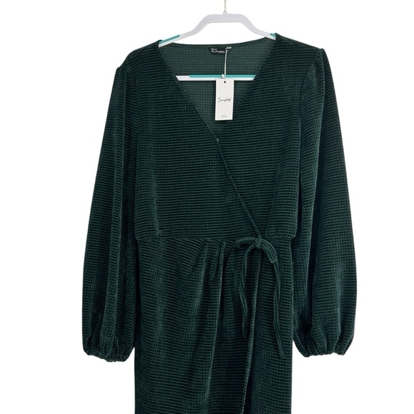 SIMPLEE WOMEN’S XL GREEN FAUX WRAP CORDUROY DRESS SIDE TIE BELTED V-NECK CHIC - Picture 6 of 7